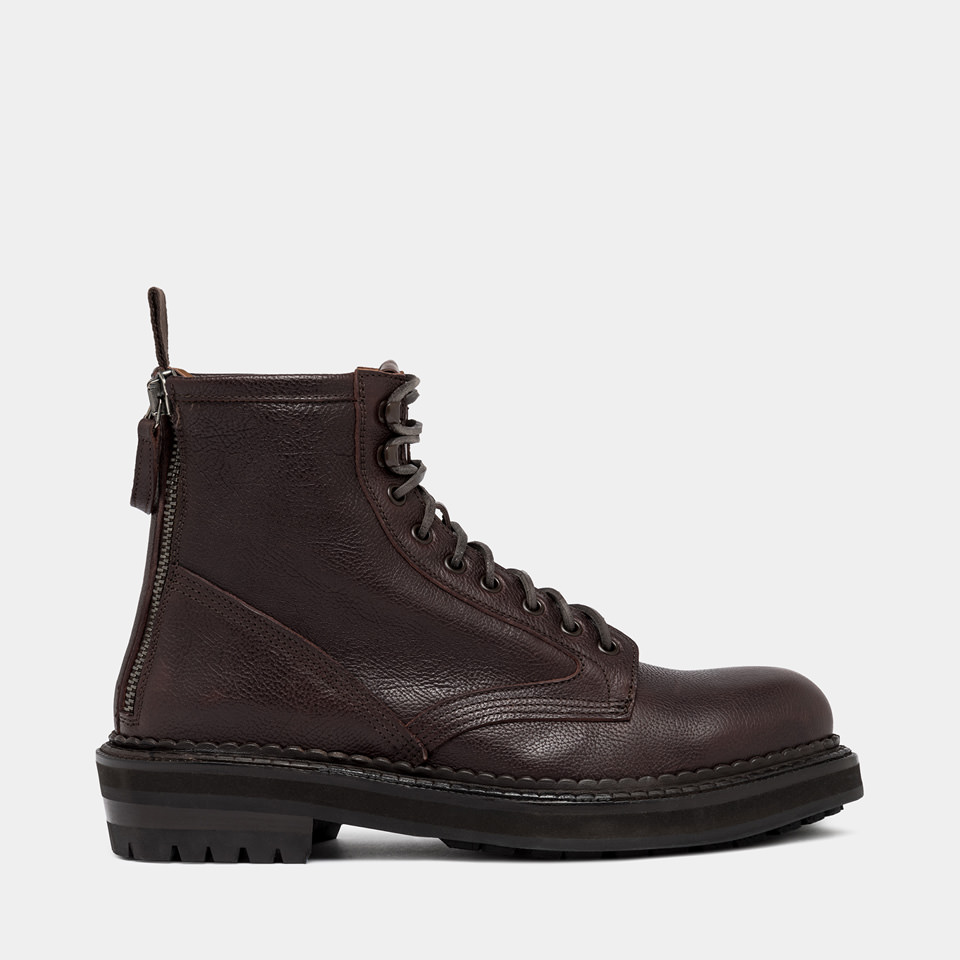 BUTTERO: CARGO COMBACT BOOTS IN EBONY HAMMERED LEATHER