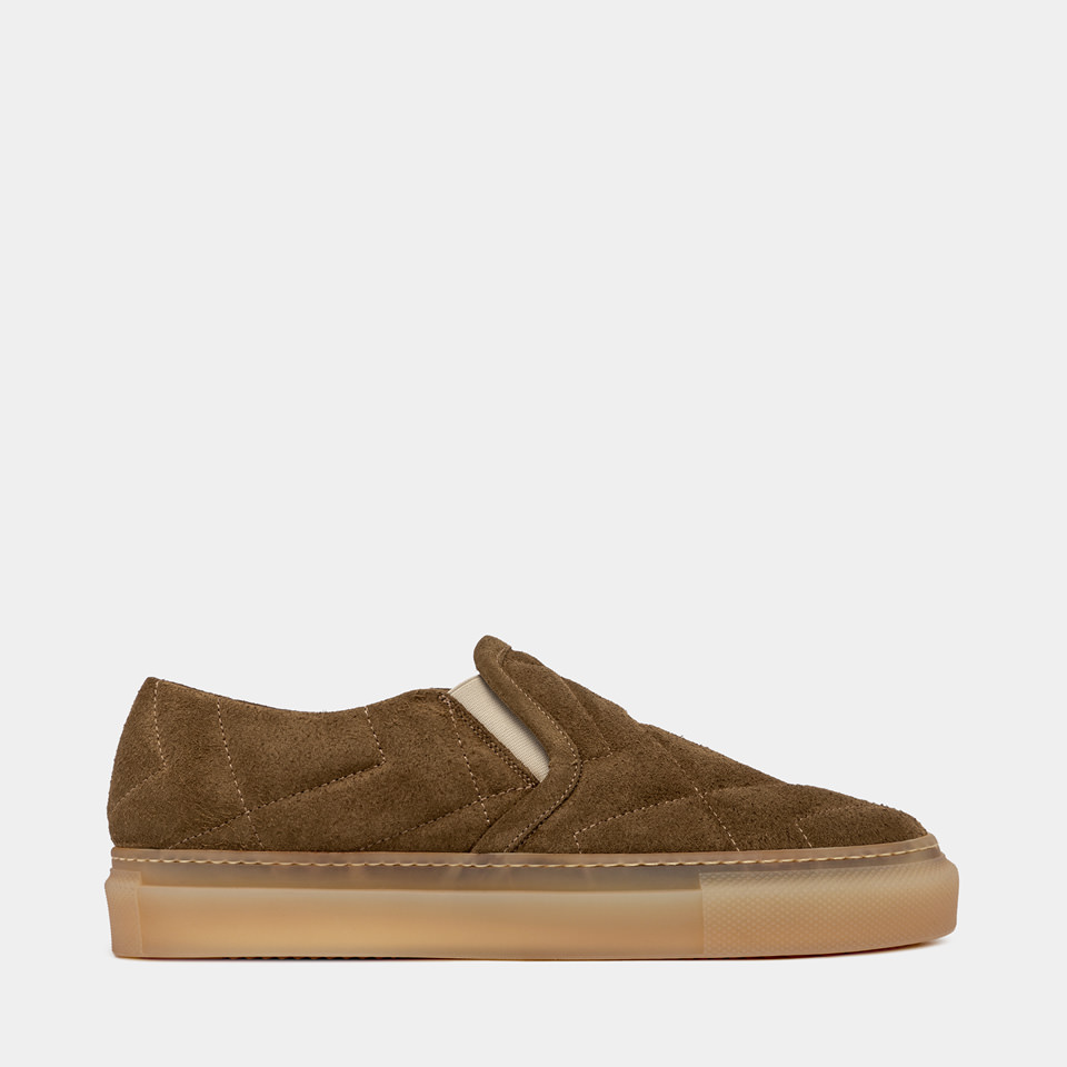 BUTTERO: TANINO SLIP-ON SHOES IN CURRY YELLOW SUEDE