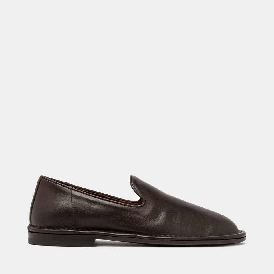 BUTTERO: ERCOLE SLIPPERS IN DARK CHOCOLATE  BROWN LEATHER