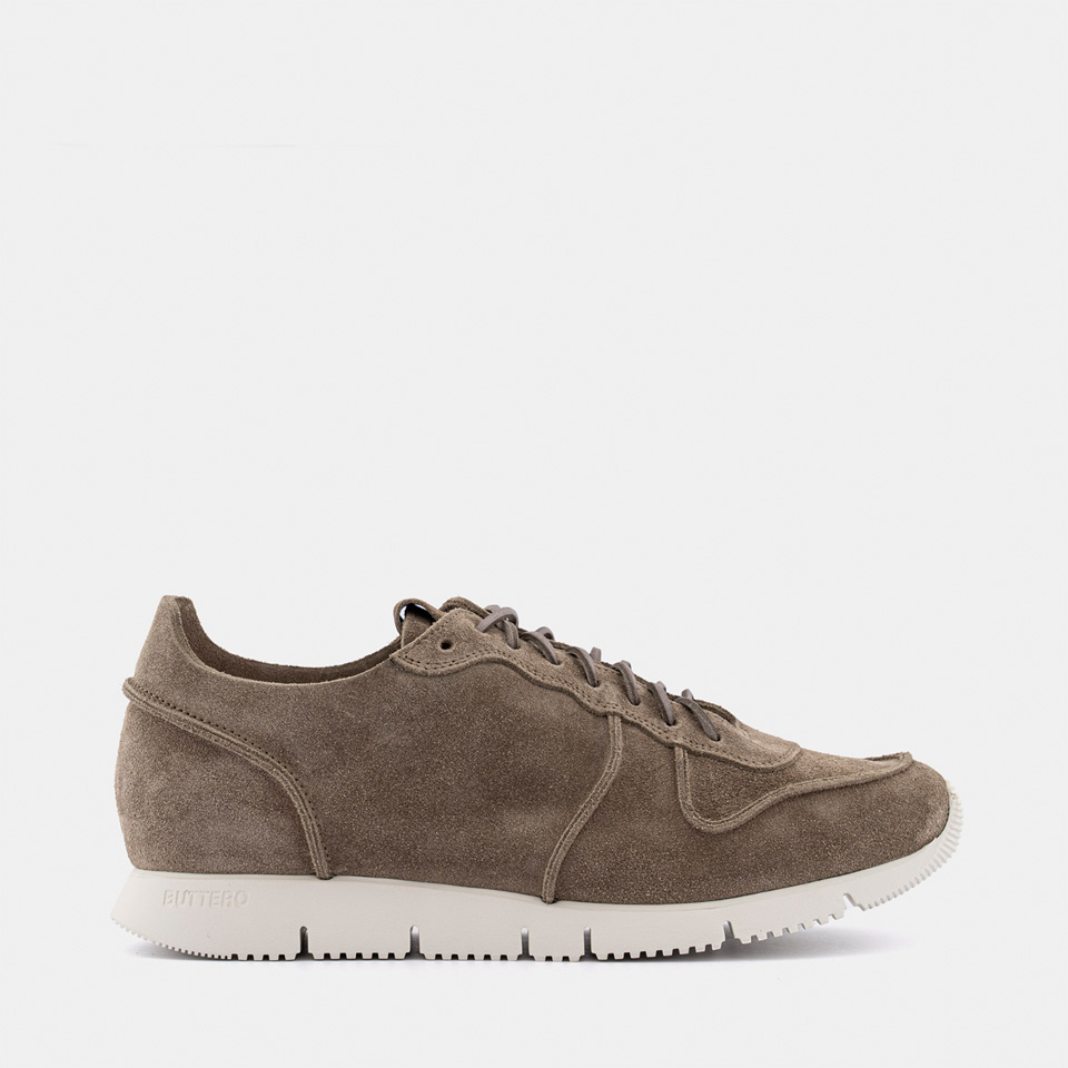 BUTTERO: CARRERA SNEAKERS IN EARTH GREY SUEDE