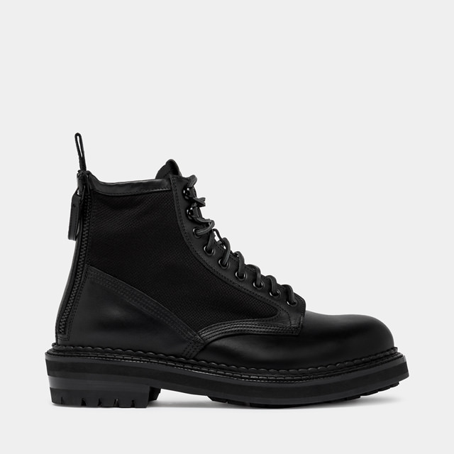 BUTTERO: CARGO LACE-UP COMBACT BOOTS IN BLACK NYLON AND LEATHER