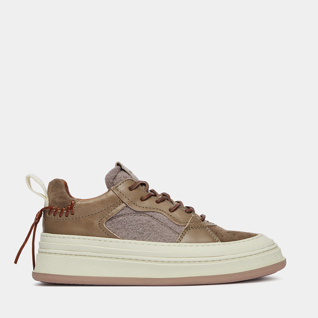 BUTTERO CIRCOLO SNEAKERS IN BEIGE BROWN WOOL AND LEATHER