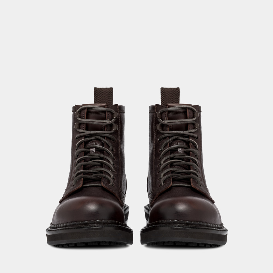 BUTTERO: CARGO COMBACT BOOTS IN EBONY HAMMERED LEATHER