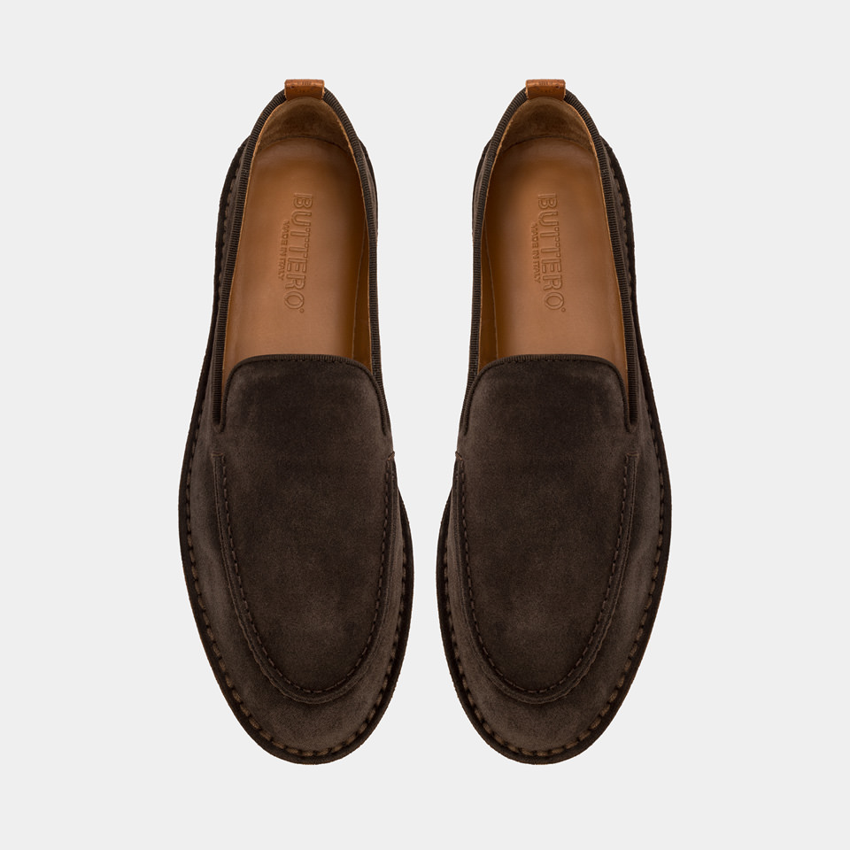 BUTTERO: ARGENTARIO LOAFER IN COFFEE BROWN SUEDE