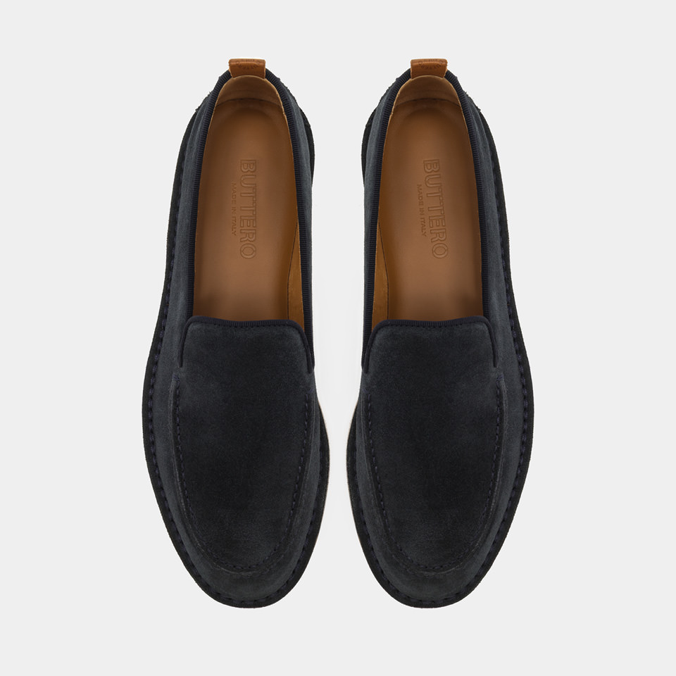 BUTTERO: ARGENTARIO LOAFER IN BLUE STORM SUEDE