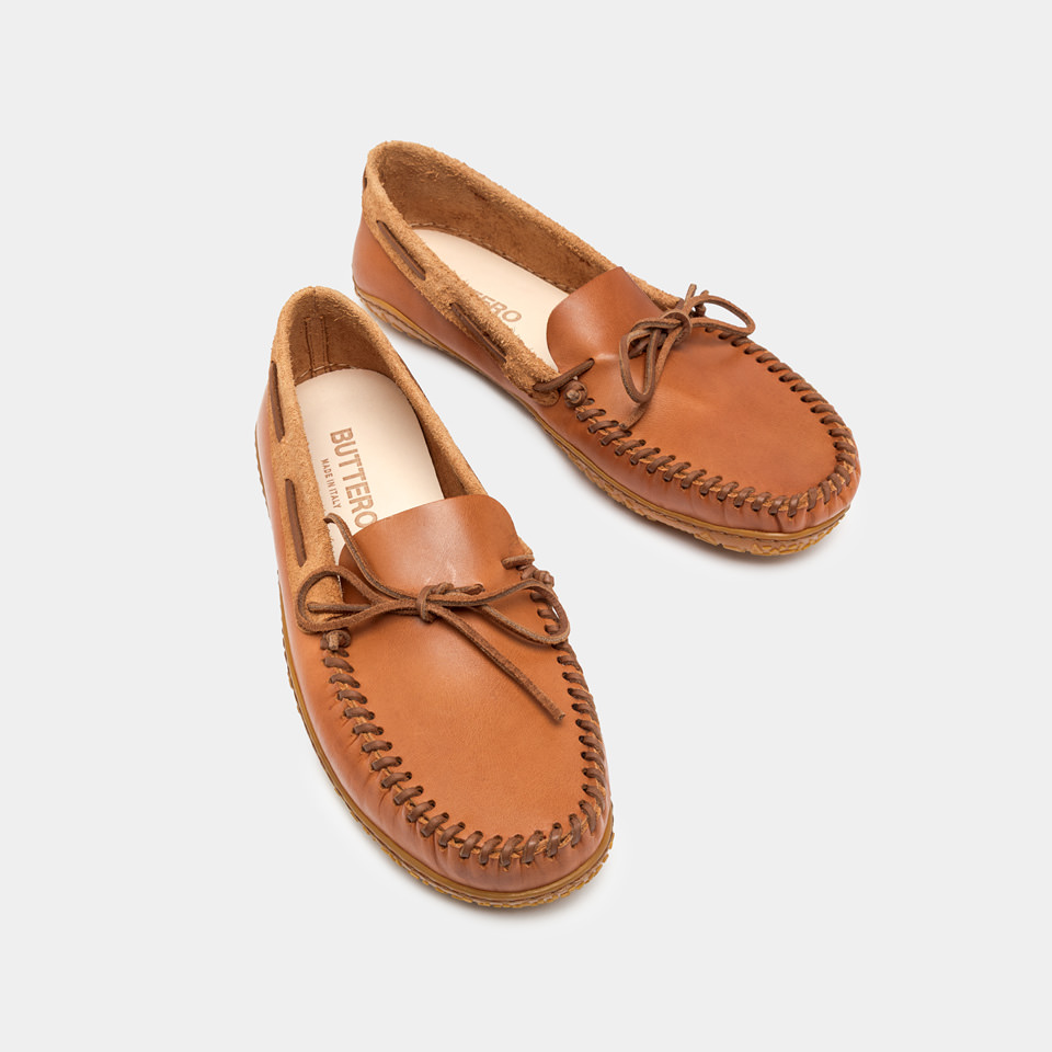 BUTTERO: TARTANA LOAFERS IN HONEY-COLORED LEATHER