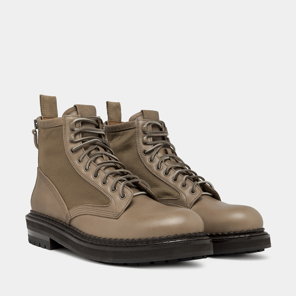 BUTTERO: CARGO LACE-UP COMMANDO BOOTS IN KHAKI NYLON AND LEATHER