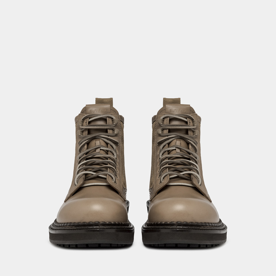 BUTTERO: CARGO LACE-UP COMMANDO BOOTS IN KHAKI NYLON AND LEATHER