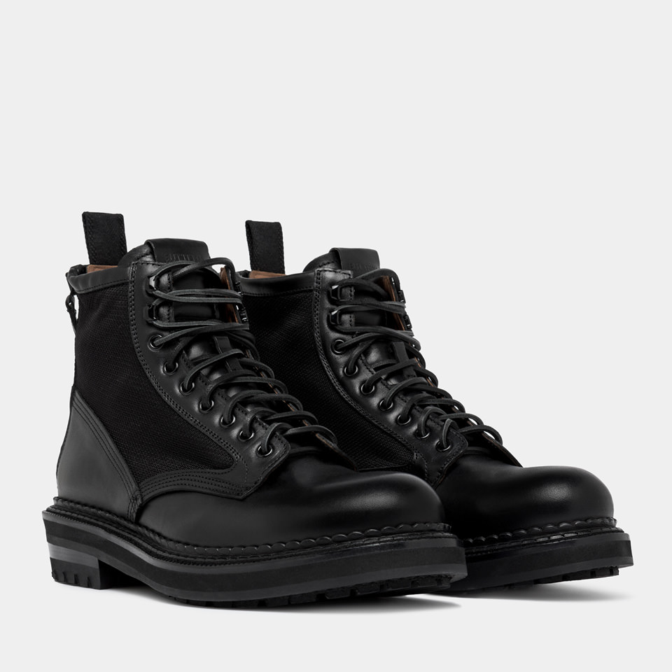 BUTTERO: CARGO LACE-UP COMBACT BOOTS IN BLACK NYLON AND LEATHER