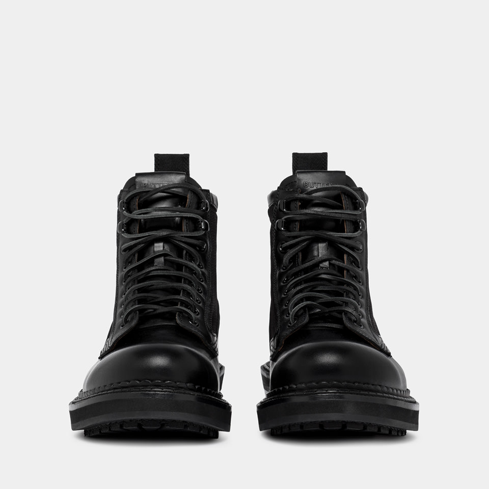 BUTTERO: CARGO LACE-UP COMBACT BOOTS IN BLACK NYLON AND LEATHER