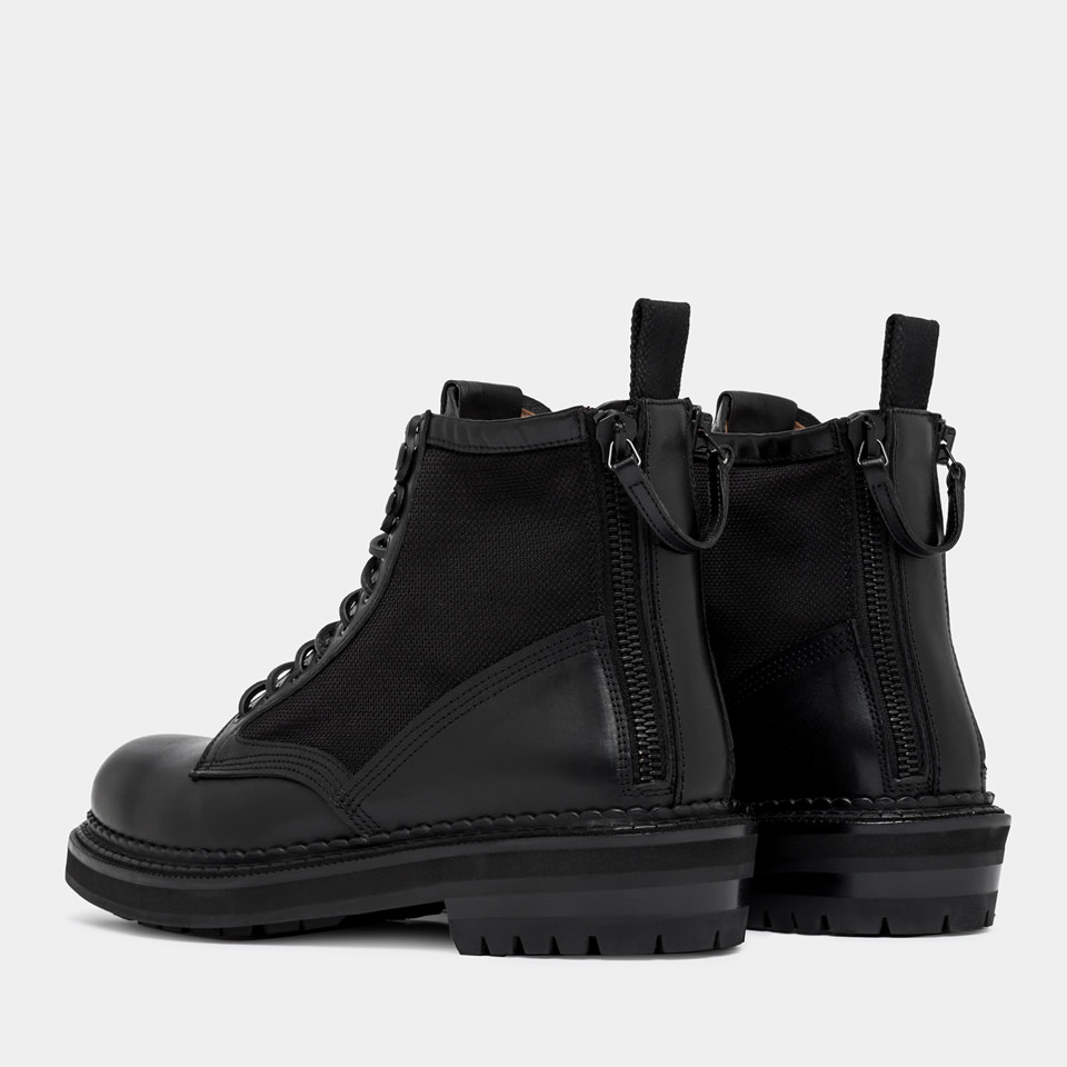 BUTTERO: CARGO LACE-UP COMBACT BOOTS IN BLACK NYLON AND LEATHER