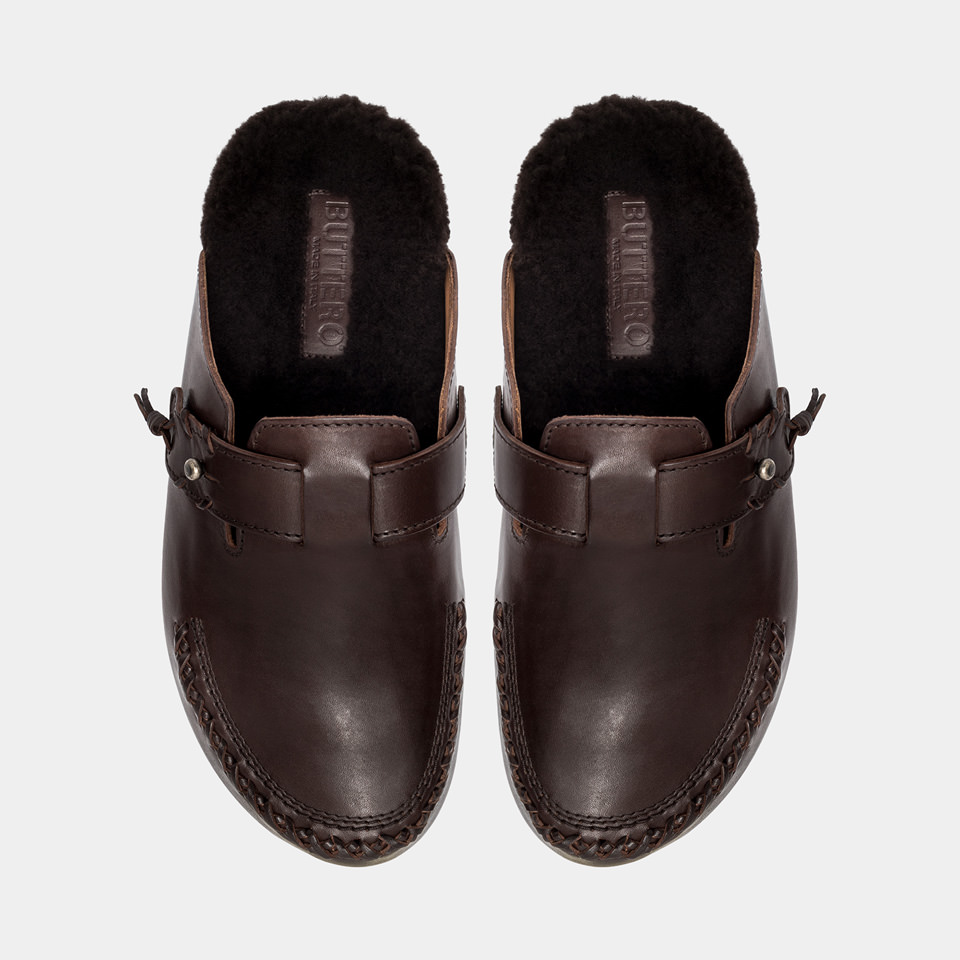 BUTTERO: GLAMPING SABOT IN EBONY BLACK LEATHER