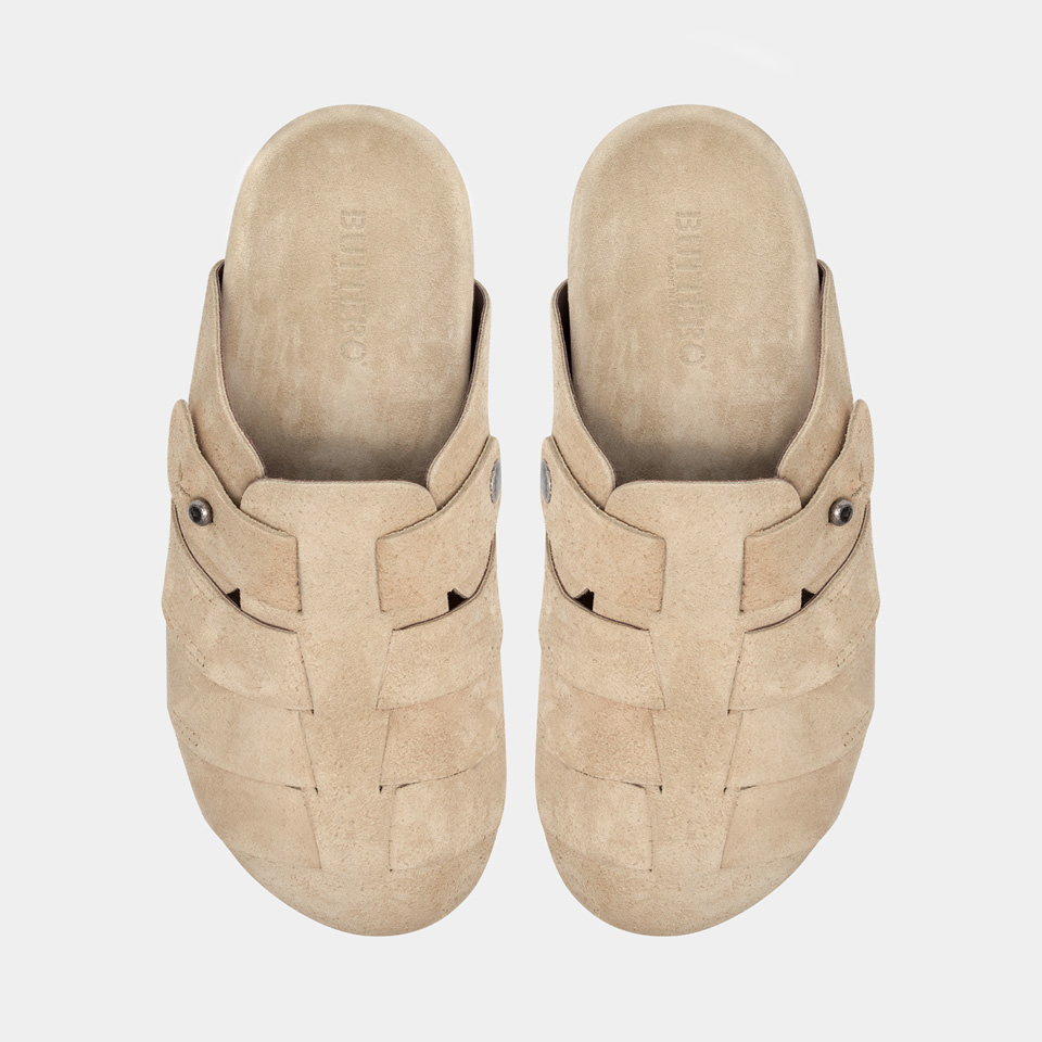 BUTTERO: GLAMPING SABOT IN CAMEL BROWN SUEDE