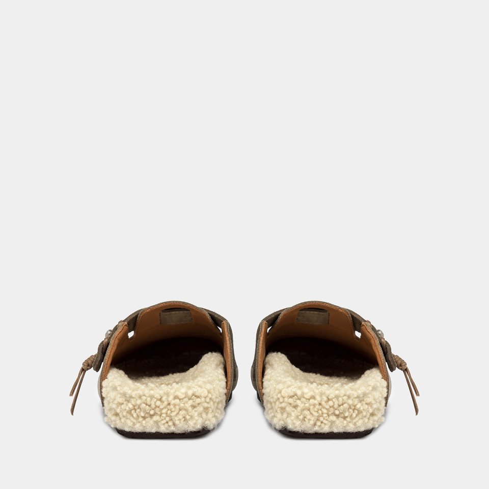 BUTTERO: GLAMPING SABOT IN COCONUT BROWN SUEDE