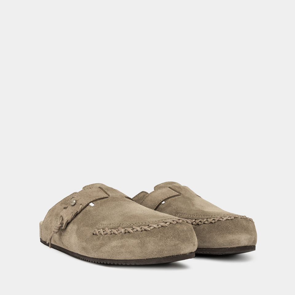 BUTTERO: GLAMPING SABOT IN LEAD GRAY SUEDE