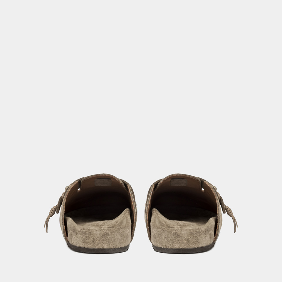 BUTTERO: GLAMPING SABOT IN LEAD GRAY SUEDE