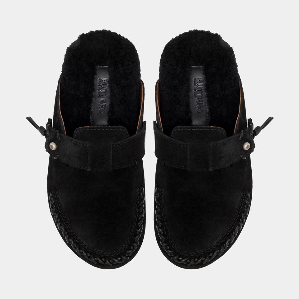 BUTTERO: GLAMPING SABOT IN BLACK SUEDE