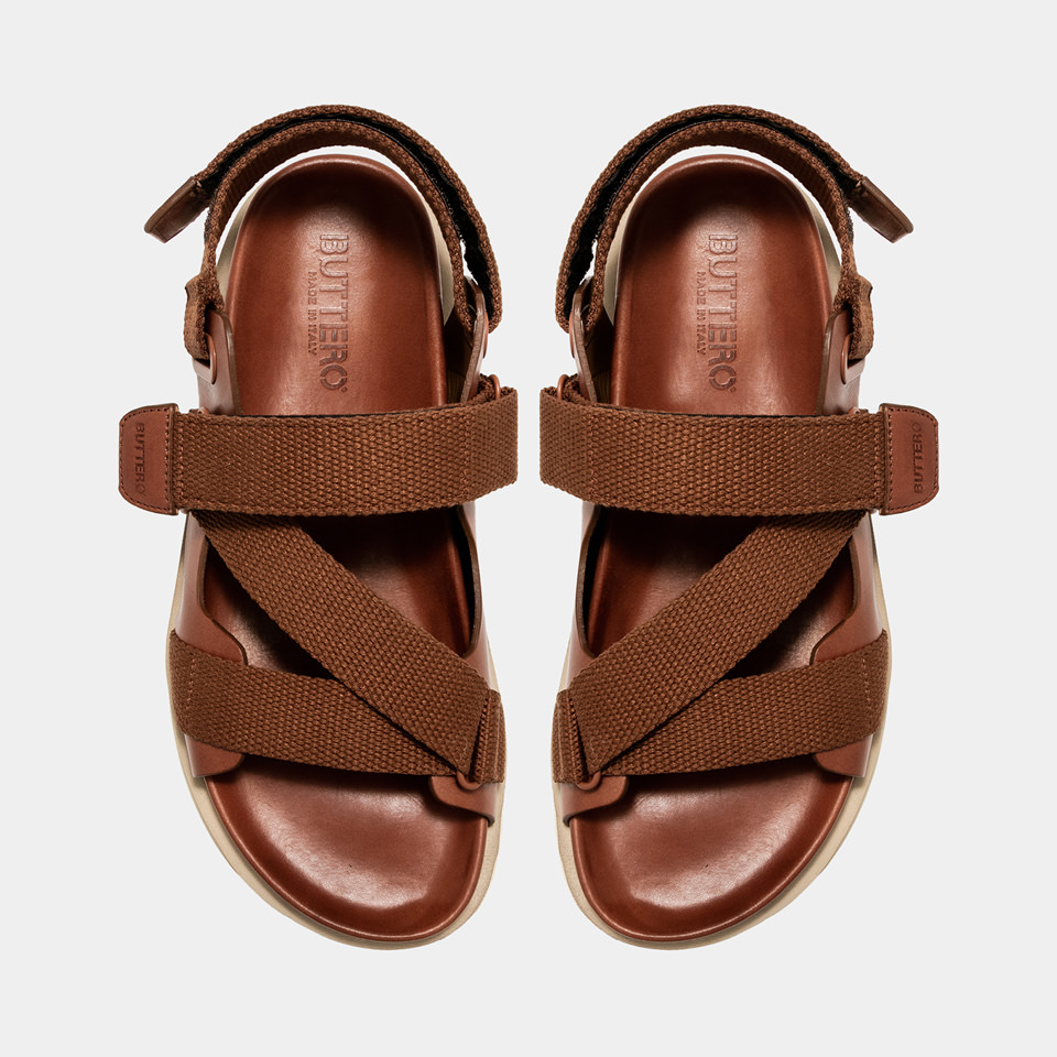BUTTERO: PIER SANDALS IN NATURAL COLOR LEATHER AND COTTON