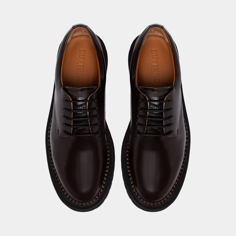 BUTTERO: AEDI DERBY SHOES IN EBONY BLACK BRUSHED LEATHER 