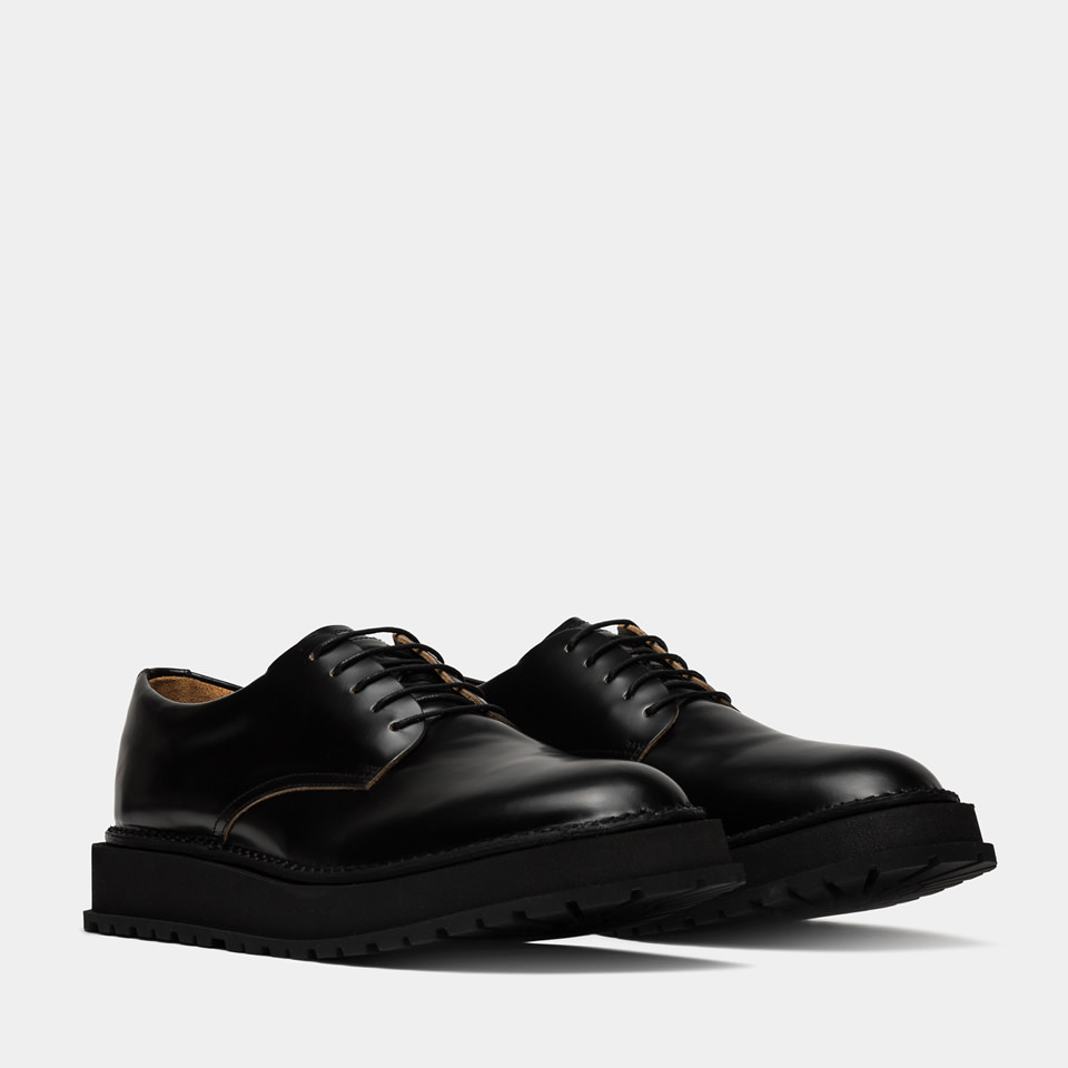 BUTTERO: AEDI DERBY SHOES IN BLACK BRUSHED LEATHER