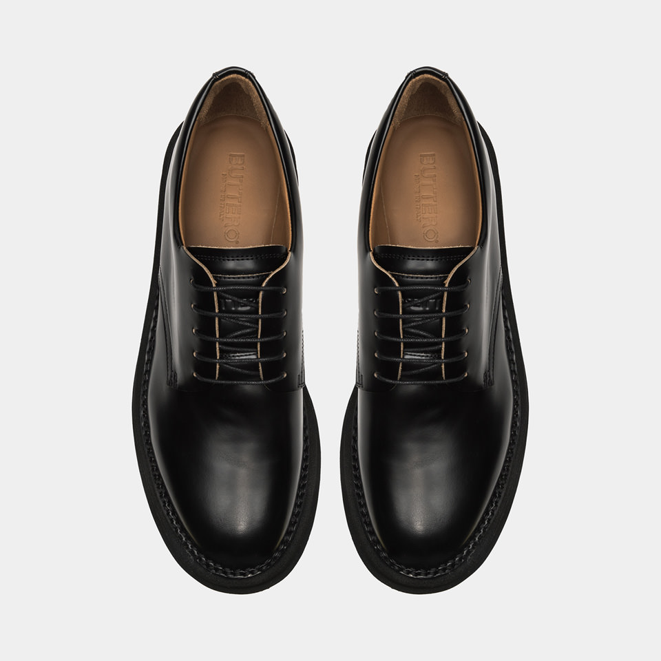 BUTTERO: AEDI DERBY SHOES IN BLACK BRUSHED LEATHER