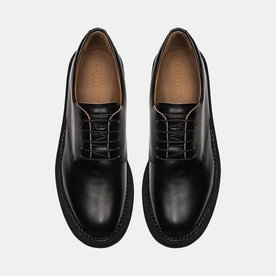 BUTTERO: AEDI DERBY SHOES IN BLACK BRUSHED LEATHER