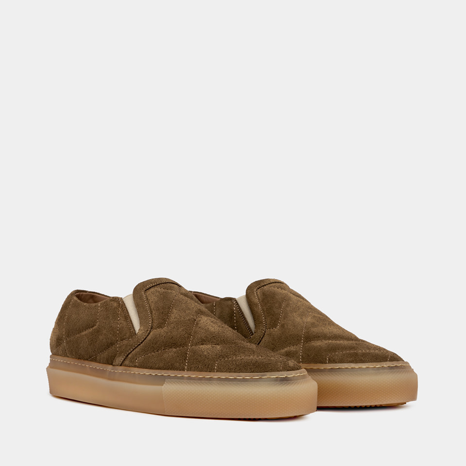 BUTTERO: TANINO SLIP-ON SHOES IN CURRY YELLOW SUEDE