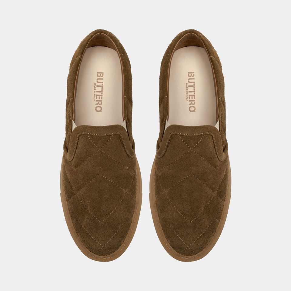 BUTTERO: TANINO SLIP-ON SHOES IN CURRY YELLOW SUEDE