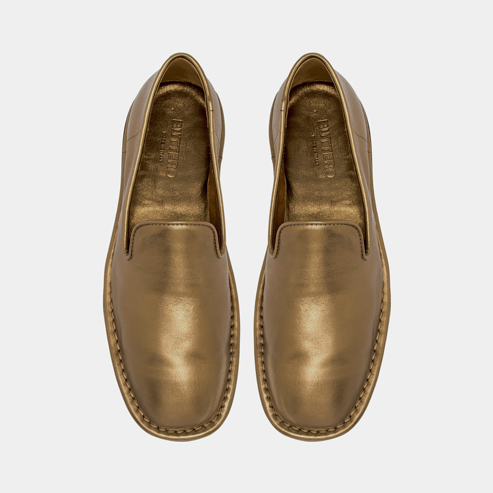 BUTTERO: ERCOLE SLIPPERS IN GOLD TONE LAMINATED LEATHER