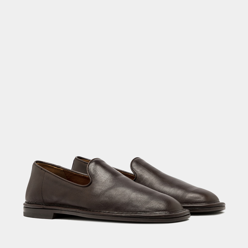 BUTTERO: ERCOLE SLIPPERS IN DARK CHOCOLATE  BROWN LEATHER