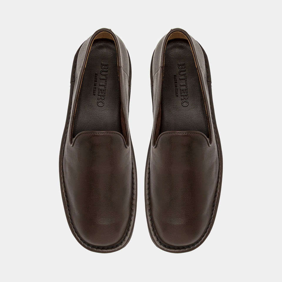 BUTTERO: ERCOLE SLIPPERS IN DARK CHOCOLATE  BROWN LEATHER
