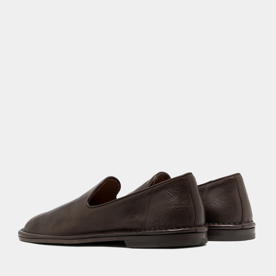 BUTTERO: ERCOLE SLIPPERS IN DARK CHOCOLATE  BROWN LEATHER