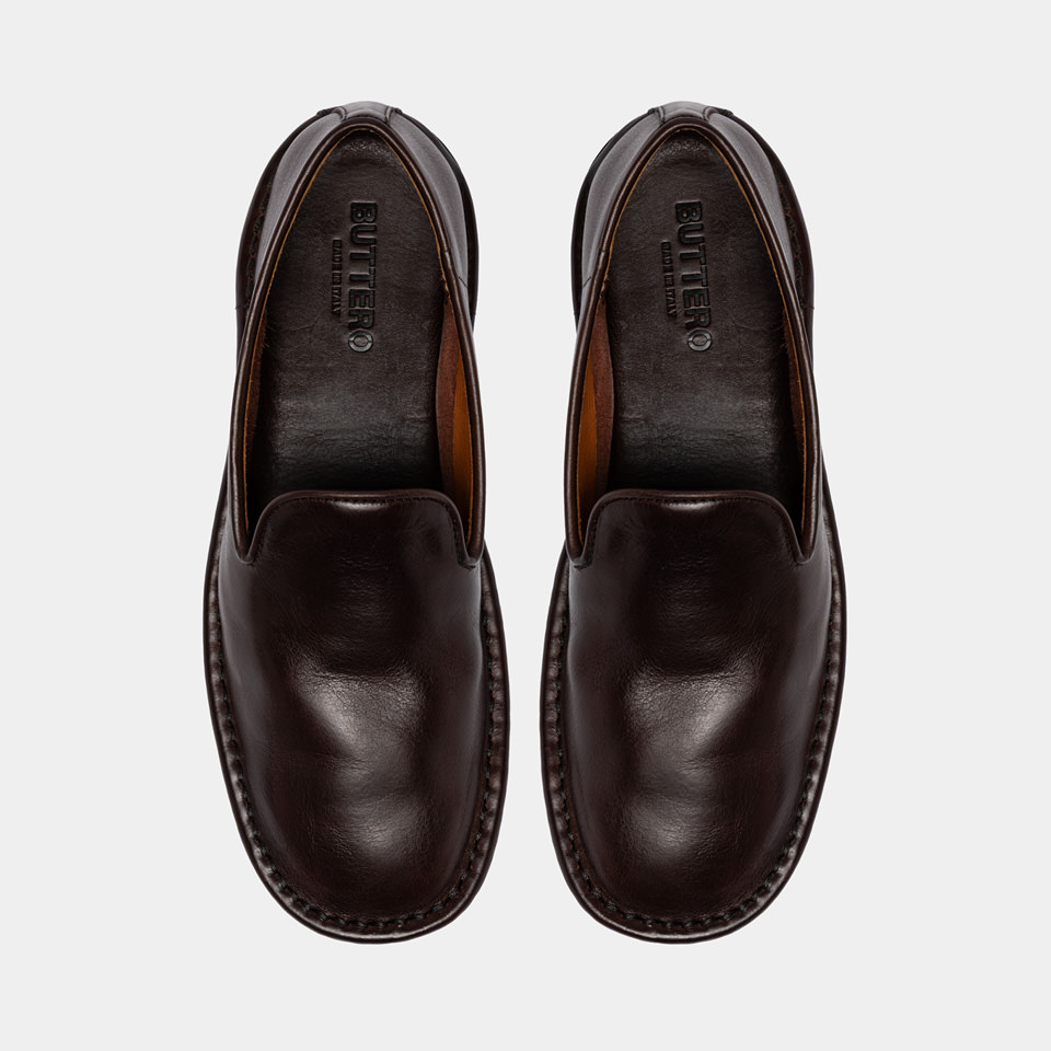 BUTTERO: ERCOLE SLIPPERS IN DARK BROWN LEATHER
