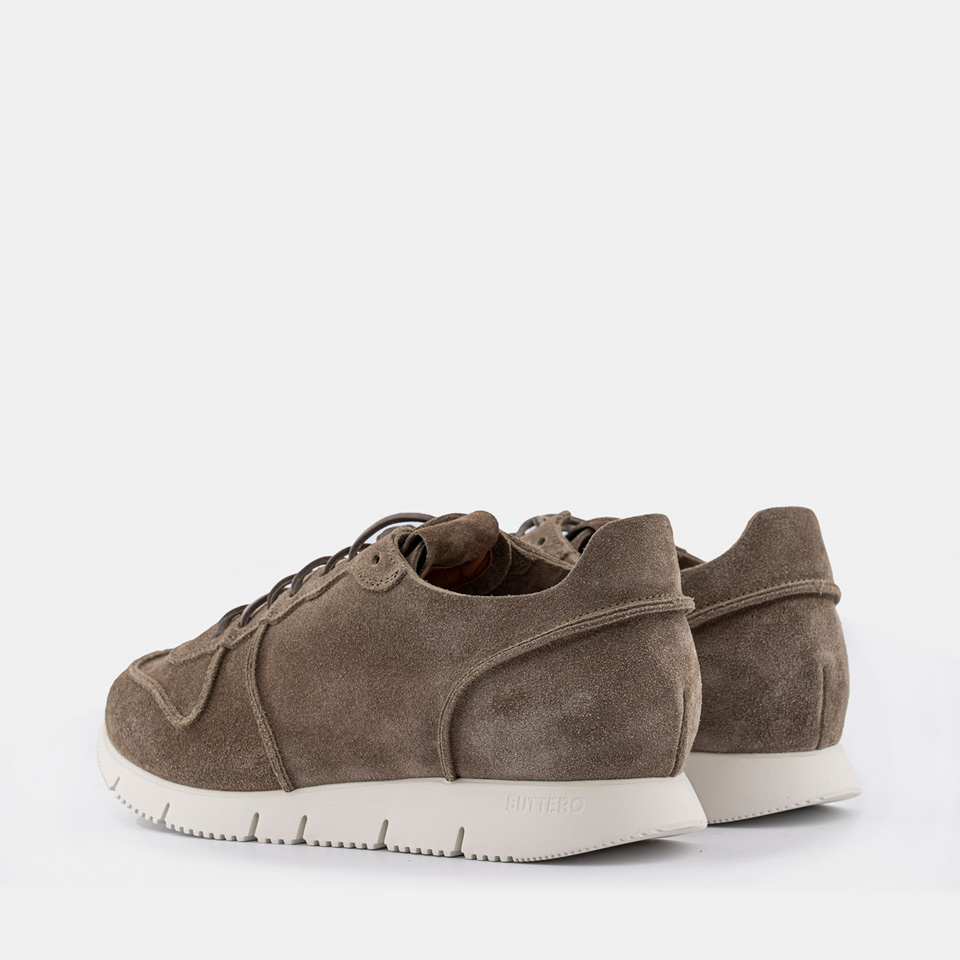 BUTTERO: CARRERA SNEAKERS IN EARTH GREY SUEDE