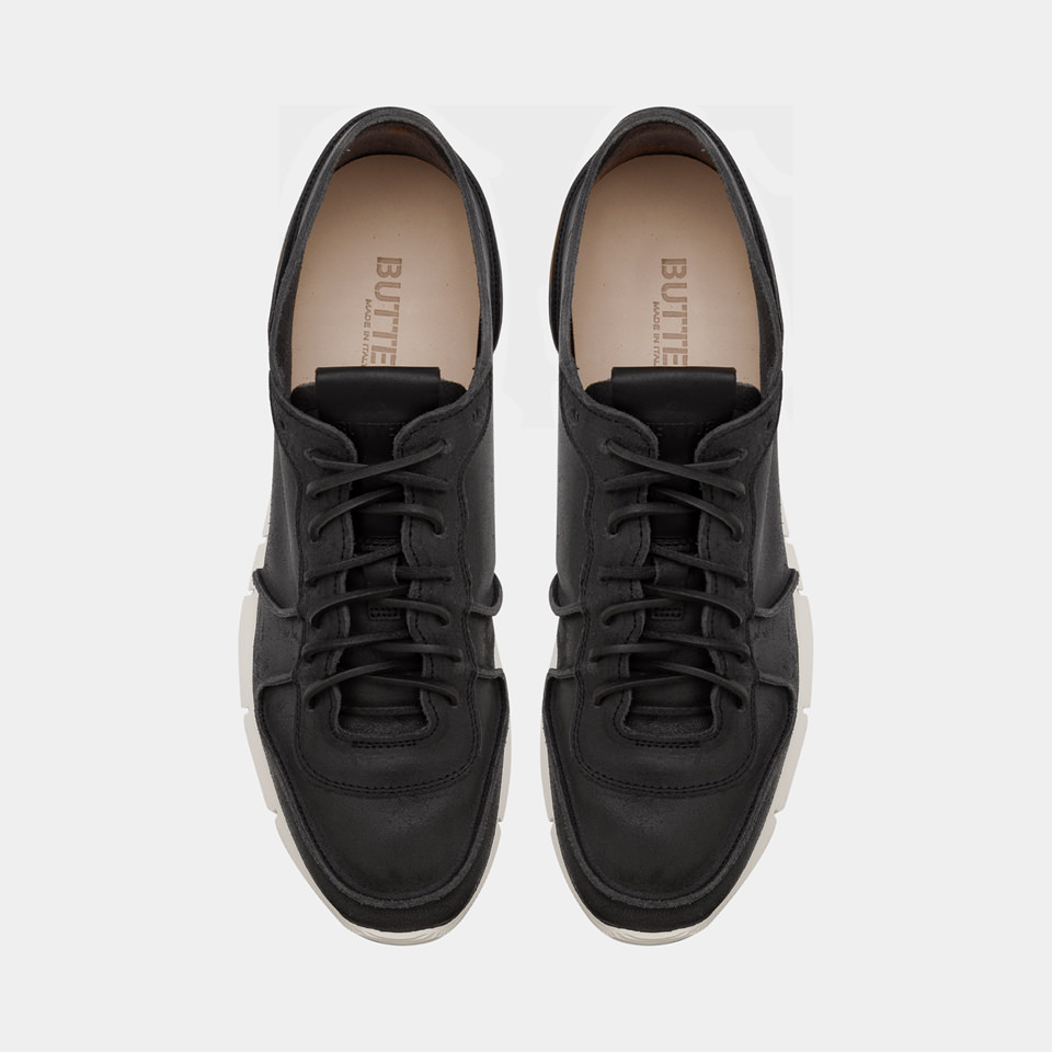 BUTTERO: CARRERA SNEAKERS IN BLACK BIANCHETTO LEATHER