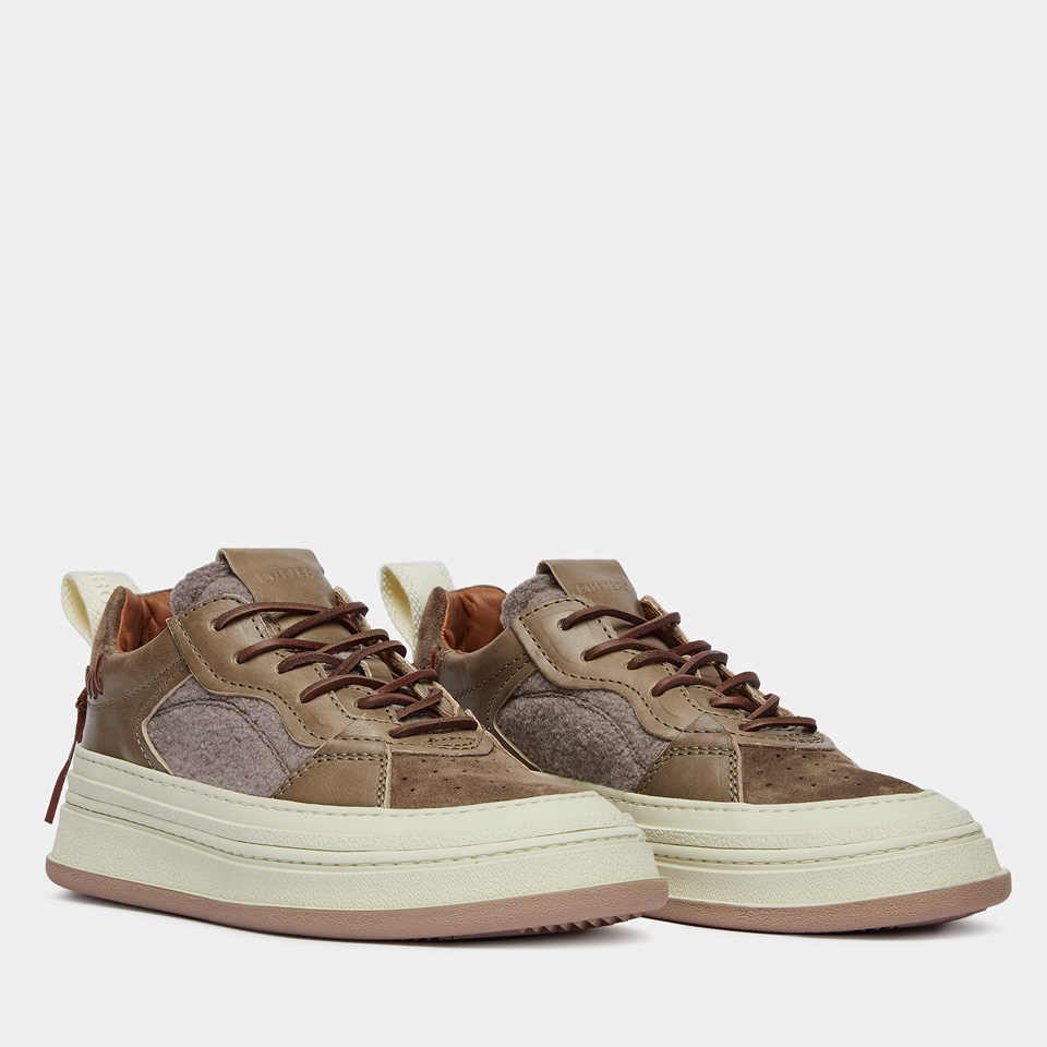 BUTTERO: CIRCOLO SNEAKERS IN BEIGE BROWN WOOL AND LEATHER