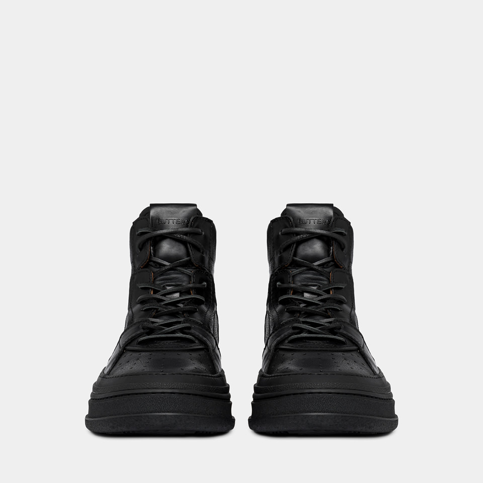 BUTTERO: CIRCOLO MID SNEAKERS IN BLACK HAMMERED LEATHER