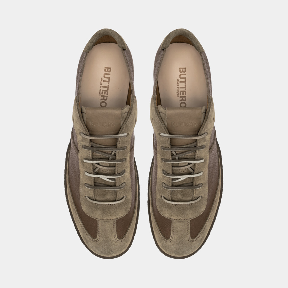 BUTTERO: CRESPO SNEAKERS IN STONE GRAY HAMMERED LEATHER