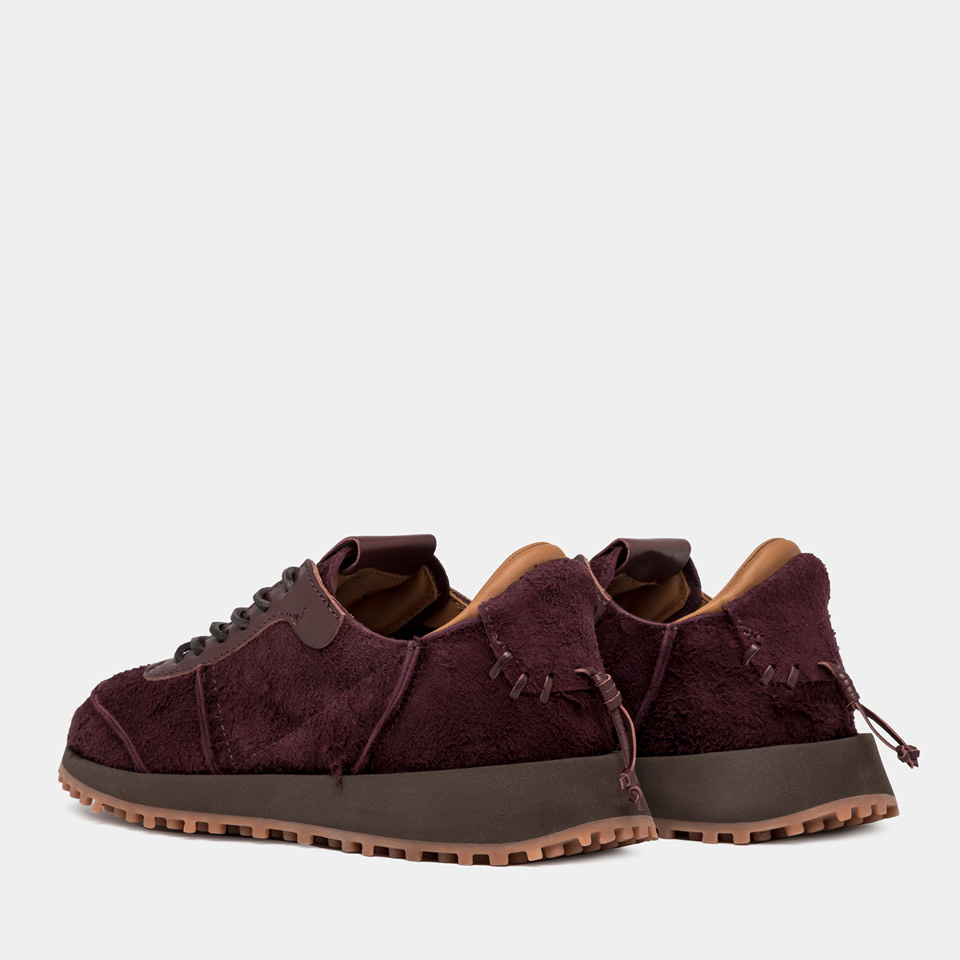BUTTERO: FUTURA SNEAKERS IN AMARONE RED BRUSHED SUEDE 