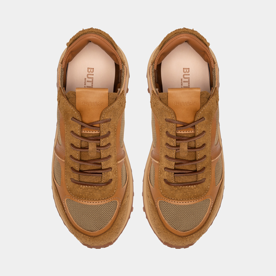 BUTTERO: FUTURA SNEAKERS IN CURRY YELLOW NYLON AND BRUSHED SUEDE