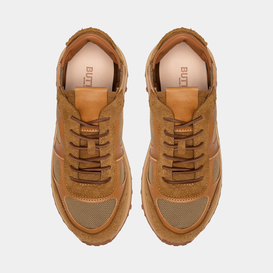 BUTTERO: BASKET FUTURA EN DAIM BROSSE' ET NYLON CURRY