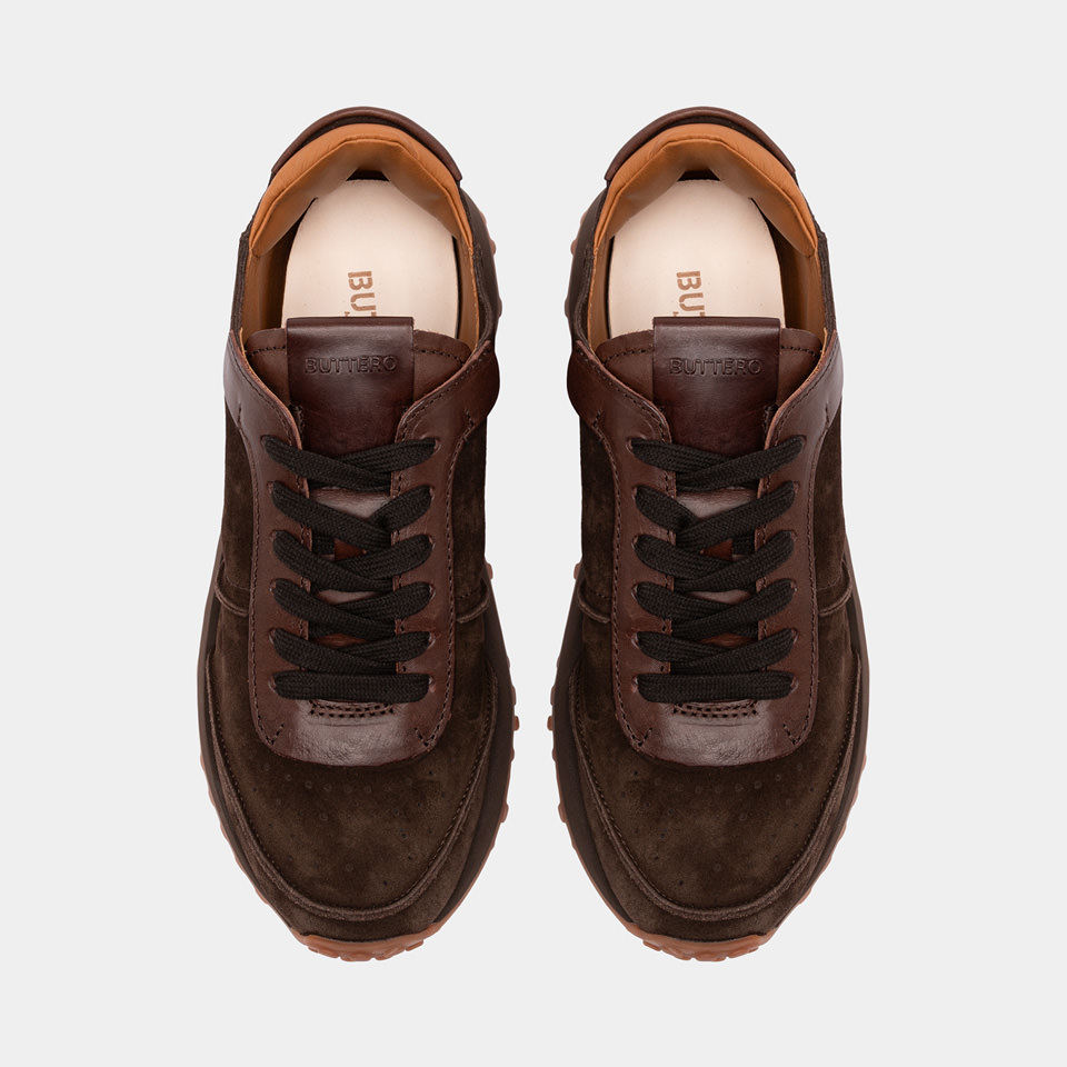 BUTTERO: FUTURA SNEAKERS IN DARK BROWN SUEDE