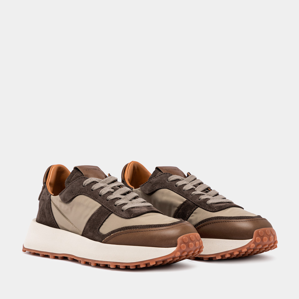 BUTTERO: FUTURA X SNEAKERS IN COFFEE BROWN SUEDE AND NYLON