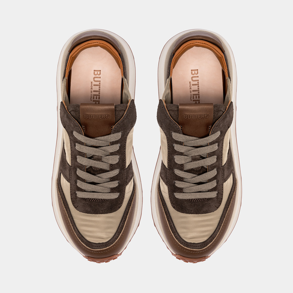 BUTTERO: FUTURA X SNEAKERS IN COFFEE BROWN SUEDE AND NYLON