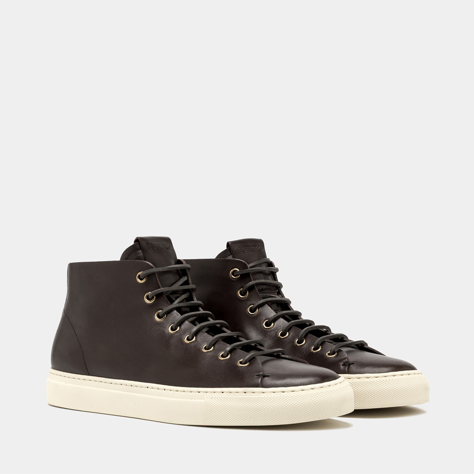 BUTTERO: TANINO MID SNEAKERS IN EBONY LEATHER