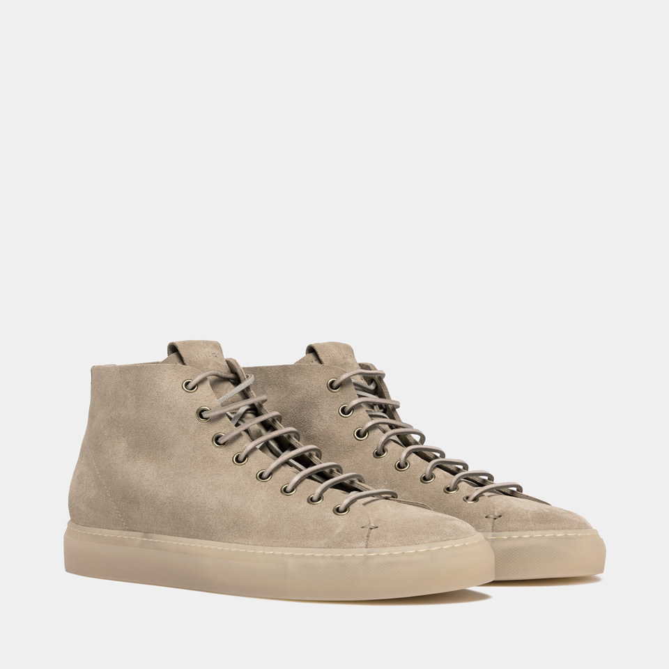 BUTTERO: TANINO MID TOP SNEAKERS IN BEIGE SUEDE