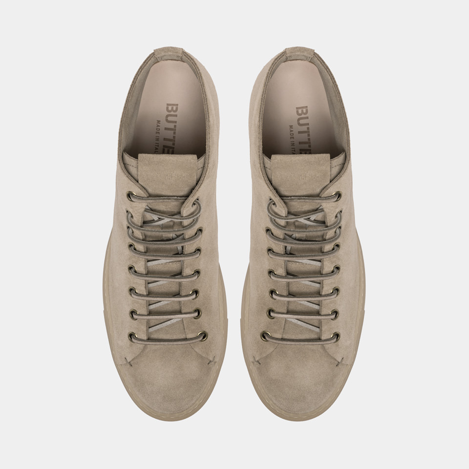 BUTTERO: TANINO MID TOP SNEAKERS IN BEIGE SUEDE