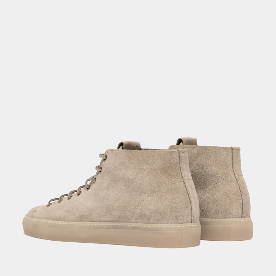 BUTTERO: TANINO MID TOP SNEAKERS IN BEIGE SUEDE