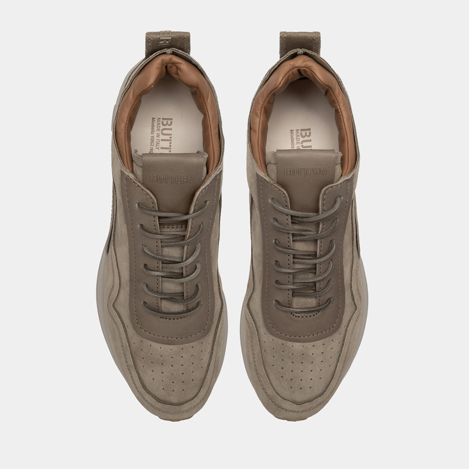 BUTTERO: VINCI SNEAKERS IN KHAKI LEATHER AND SUEDE