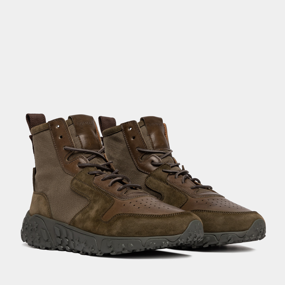 BUTTERO: BASKET VINCI X MID EN CUIR ET NYLON MILITAIRE